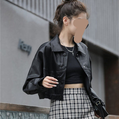 Women's Short Vintage Leather Jacket Stylish Chic Design 3