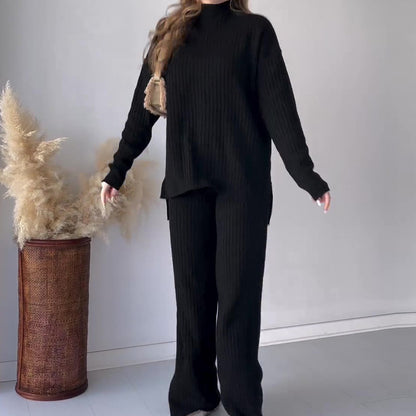 Women's Chic Two-Piece Knit Set Round Neck Wide Leg Pants 5