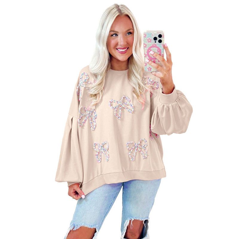 Women's Casual Loose Fit Pullover Sweatshirt with Bow Detail Polyester 3