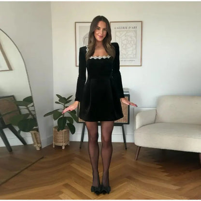 Women's Elegant Square Neck Short Dress with Pearls and Ruffles 9