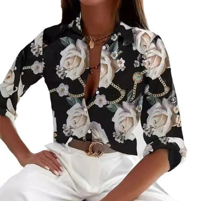 Women's Casual Long Sleeve Printed Shirt Loose Fit Acetate Fiber 8