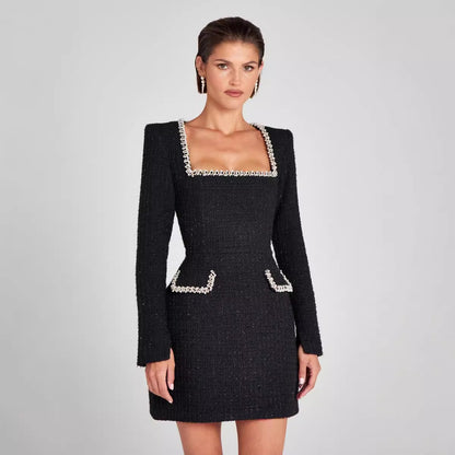 Women's Elegant Long Sleeve Dress with U-Neck and Pearl Embellishments 1