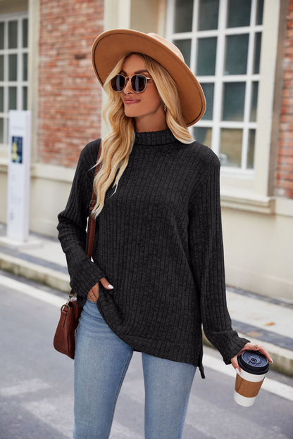 Women's Elegant High Neck Long Sleeve T-Shirt with Side Slits Comfortable Fabric 2