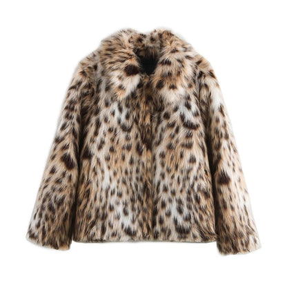 Women's Faux Fur Coat Winter Fashion Leopard Print 100% Polyester 1