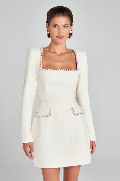 Women's Elegant Long Sleeve Dress with U-Neck and Pearl Embellishments 3