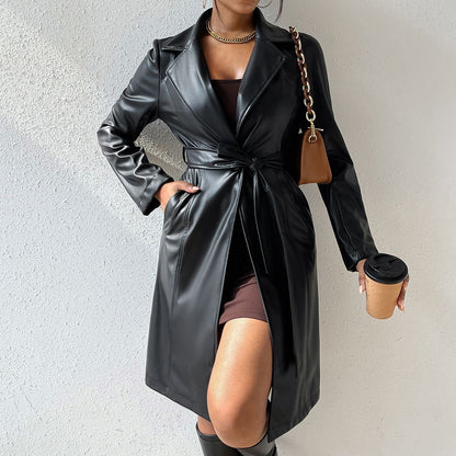 Women's Stylish Long Sleeve PU Leather Trench Coat with Pockets 3