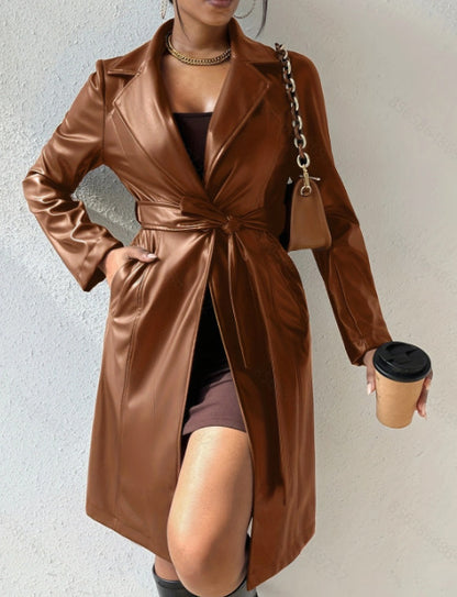 Women's Stylish Long Sleeve PU Leather Trench Coat with Pockets 10