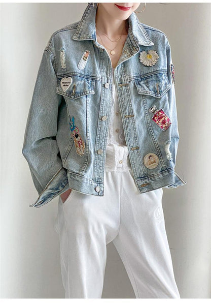 Women's Casual Ripped Denim Jacket Loose Fit Cotton 5