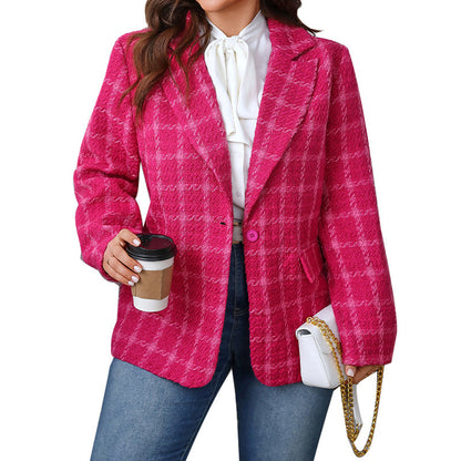 Women's Plus Size Loose Plaid Coat with Pockets Polyester 3