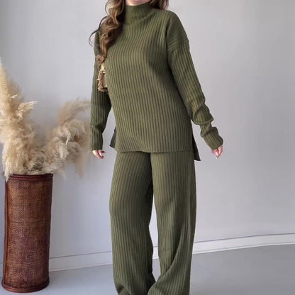Women's Chic Two-Piece Knit Set Round Neck Wide Leg Pants 4