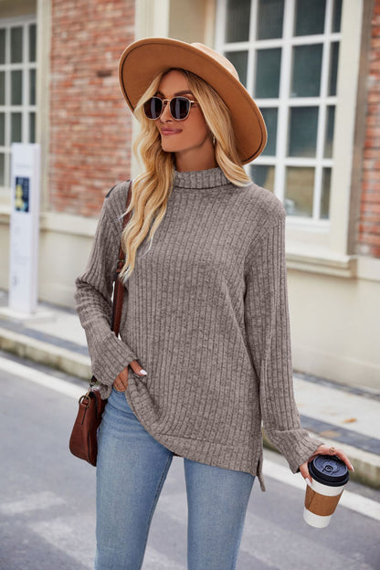 Women's Elegant High Neck Long Sleeve T-Shirt with Side Slits Comfortable Fabric 5