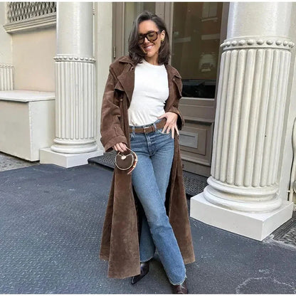 Women's Vintage Long Suede Coat Elegant Winter Style 4