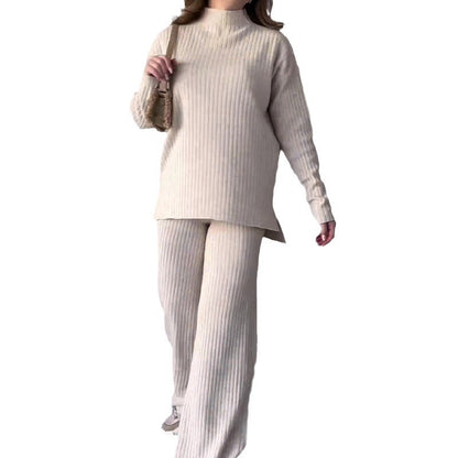Women's Chic Two-Piece Knit Set Round Neck Wide Leg Pants 2