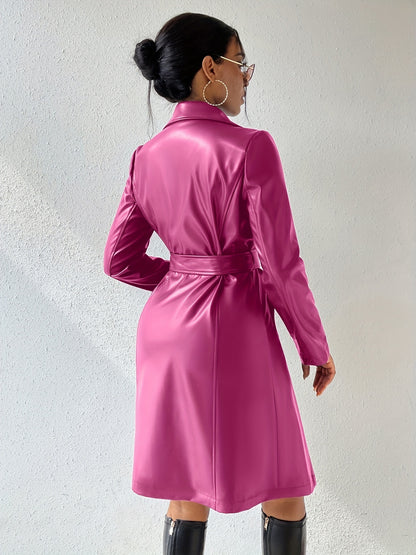 Women's Stylish Long Sleeve PU Leather Trench Coat with Pockets 6