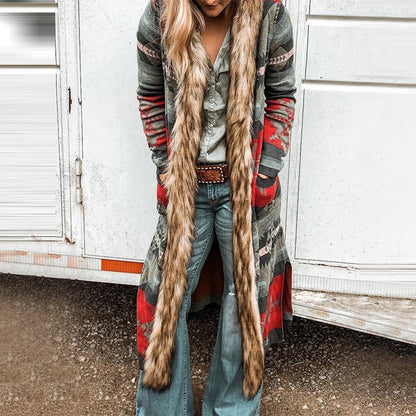 Women's Floral Print Trench Coat with Fur Collar Slim Fit Polyester 6