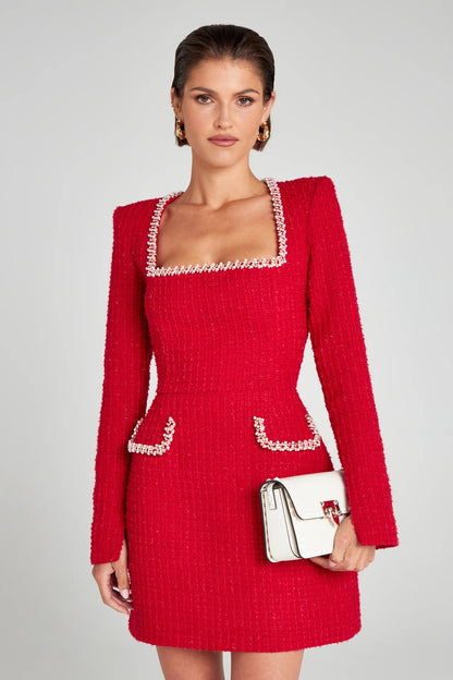 Women's Elegant Long Sleeve Dress with U-Neck and Pearl Embellishments 5