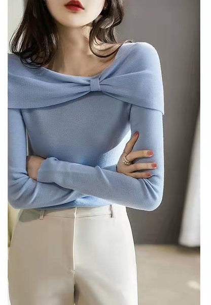 Women's Stylish Long-Sleeved Sweater with Diagonal Collar Acrylic Fiber 5