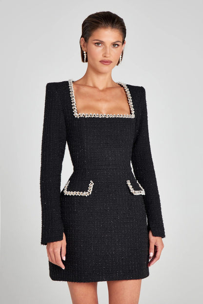 Women's Elegant Long Sleeve Dress with U-Neck and Pearl Embellishments 4