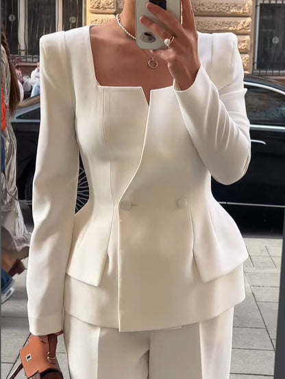 Women's Structured Blazer with Square Collar Two Buttons High-Quality Fabric 2