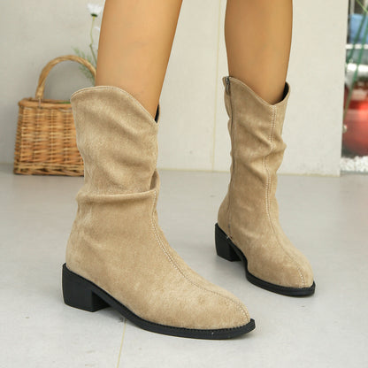 Women's Retro Mid Calf Cowboy Boots Black Artificial PU 7