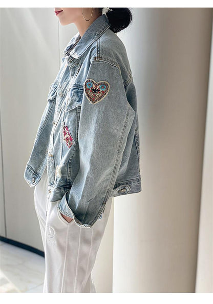 Women's Casual Ripped Denim Jacket Loose Fit Cotton 4