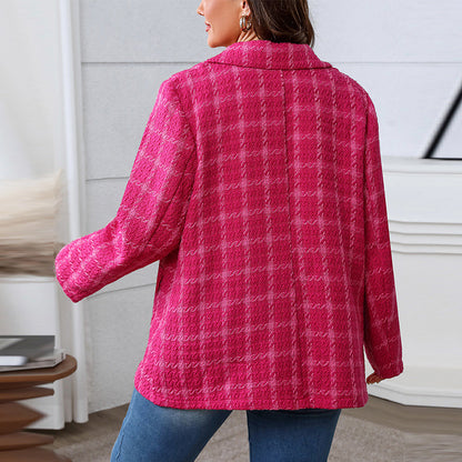 Women's Plus Size Loose Plaid Coat with Pockets Polyester 4