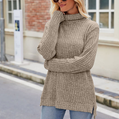 Women's Elegant High Neck Long Sleeve T-Shirt with Side Slits Comfortable Fabric 9