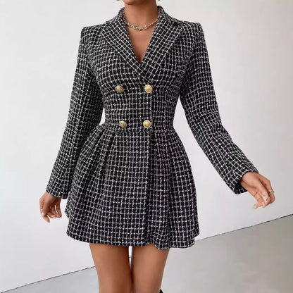 Women's Elegant Winter Coat V-Neck Long Sleeves Plaid Wool 2