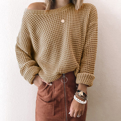 Women's Cozy Knit Asymmetrical Neck Sweater for Autumn and Winter 9